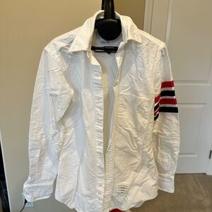 THOM BROWNE White Button Down Shirt —Signature 4-bar stripe sleeve (MENS SIZE 1)